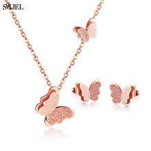 Ouro rosa duplo borboleta colares para mulheres moda linda colar brinco borboleta studs conjunto de jóias de aço inoxidável 2024 - compre barato