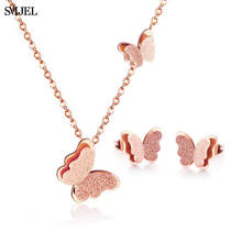 Rose Gold Double Butterfly Necklaces for Women Fashion Lovely Necklace Earring Butterfly Studs Stainless Steel Jewelry Set 2024 - buy cheap