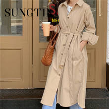 Sungtin Minimalist Women Khaki Single Breasted Long Trench Coat Spring Sashes Korean High Quality Female Khaki Windbreaker 2022 2024 - buy cheap