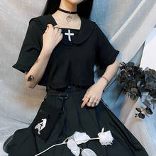 Женская футболка с коротким рукавом, черная свободная футболка в стиле преппи, с вышивкой крестиком, в готическом стиле, лето 2020 2024 - купить недорого