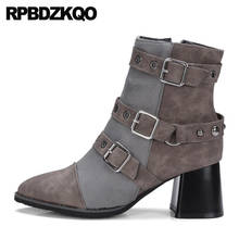 Pele grande tamanho de metal tornozelo botas femininas inverno 2021 moda chunky 13 45 plus bloco 12 44 dedo do pé apontado sapatos de salto alto cinza botas 2024 - compre barato