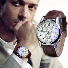 Fashion Luxury Faux Leather Men Watch Blue Ray Glass Quartz Analog Brown Watches 2024 - buy cheap