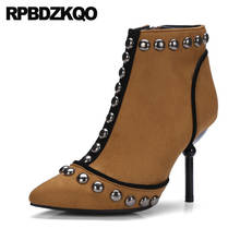 13 45 2021 Metal Booties Pointed Toe Side Zip Boots Big Size Brown Studded Rivet High Heel Women Stud Ankle Stiletto 12 44 Shoes 2024 - buy cheap