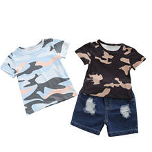 Camiseta da menina e shorts definir moda camuflagem manga curta topos e rasgado denim calças curtas 2024 - compre barato