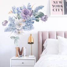Adesivos de parede peônias roxas e aquarela, decalques de parede para sala de estar, quarto, decoração romântica de casa, decoração de pvc para quarto de crianças 2024 - compre barato