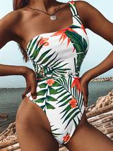 Um pedaço de maiô feminino um ombro roupa de banho planta impressão cordas cinto monokini designer maiô sexy 2024 - compre barato