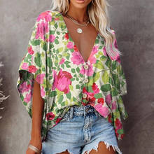 Loose Blouse Women Floral Print Short Sleeve Shirts Top Sexy V-neck Button Oversize Tops 2021 Casual Fashion Blouses Woman Shirt 2024 - buy cheap