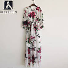 AELESEEN Spring Summer Chiffon Dress 2022 Runway Fashion Bow Flower Letters Print Elegant Ladies Maxi Long Beach Dress 2024 - buy cheap