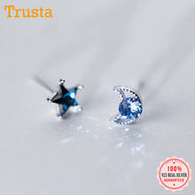 TrustDavis-pendientes asimétricos de Plata de Ley 925 para mujer, joyería de moda, aretes pequeños, color azul, Luna y Estrella, DS237 2024 - compra barato