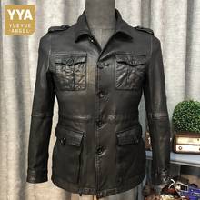 High Quality Mens Medium Length Genuine Leather Cowhide Jackets Fashion Single Breasted Pockets Moto Biker Plus Size Male Coats 2024 - buy cheap