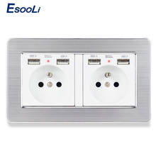 Esooli 2 Gang French Standard Wall Socket Stainless Steel Panel With 4 USB Charge Port Hidden Soft LED Indicator 2024 - buy cheap