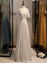 Sliver Gray Evening Dress V-neck Short Sleeve A-line Formal Dress With Sequined Evening Dresses Long Dress 2020 Robe De Soiree 2024 - buy cheap
