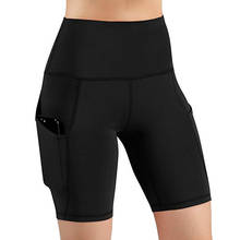 Shorts esportivo feminino cintura alta com bolso, peça curta yoga corrida atlética yoga ginástica 2024 - compre barato
