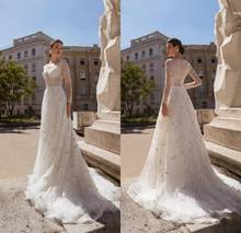 2020 New Wedding Dresses V Neck Long Sleeves Lace Appliques Bridal Gowns Button Back Sweep Train A Line Wedding Dress 2024 - buy cheap