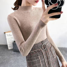 Suéter feminino gola alta, blusão feminino slim de malha com elasticidade casual, outono e inverno 2020 2024 - compre barato