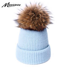 Gorro feminino de lã tricotada, chapéu pompom pele de raposa natural lisa cores sólidas 2024 - compre barato