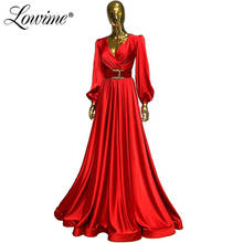 Red V Neck Muslim Evening Dress With Belt Long Sleeves Formal Arabic Prom Dress Dresses Women Party Gown Robe Dubai Soiree 2020 2024 - buy cheap