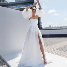 Белое свадебное платье из органзы с пышными рукавами и разрезом 2024 - купить недорого