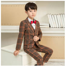 2020 Brown Plaid Suit for Boys Slim Fit Children Wedding Suits Set Tweed Purple Kids Formal Suit Set Jacket Pants Vest 3 Pieces 2024 - buy cheap