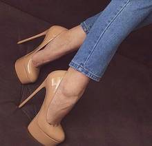 Office Ladies Nude Patent Leather High Heel Shoes Woman Super High Platform Pumps Sexy 14CM Heels Party Dress Shoes 2024 - buy cheap
