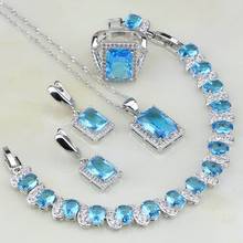 Conjunto de joyería de plata esterlina 925 para mujer, conjunto de pendientes, colgante, collar, pulsera y anillo con diamantes de imitación blancos de circonia cúbica azul cielo 2024 - compra barato