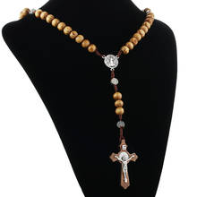Antique Religious Wooden Cross Rosary Pendant Necklaces Jesus Saint Benedict Beaded Necklace for Men Women Jewelry collar 2024 - buy cheap