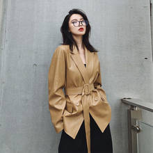 Z356-jaqueta de couro ecológico feminina, casaco de couro preto, de cano médio, com cinto, para outono, 2020 2024 - compre barato