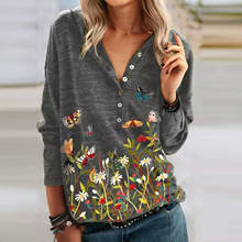 Camisa feminina vintage, camisa curta com estampa de flores, manga comprida, gola em v, estilo coreano, camisa de coreano 2024 - compre barato
