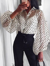Sexy Mesh Sheer Blouse Women Tops See-through Lantern Long Sleeve Dot Printed Pearl Button Transparent White Shirt Female Blusas 2024 - buy cheap