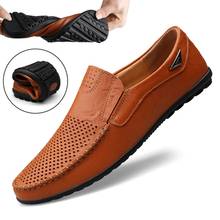 Sapatos masculinos de verão, mocassim casual de marca de luxo, loafer genuíno, mocassim oco, respirável, sem cadarço, sapato para dirigir 2024 - compre barato