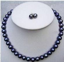 hot sell 17" Charming 8-9MM Black pearl Necklace Earrings set jewelry 2024 - buy cheap