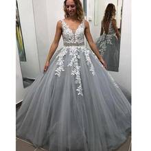 Sexy  A Line Long Prom Dress 2020  Silver  Tulle  Plus Size Prom Party Gowns Formal Evening Dress Lace Appplique Party  Gowns 2024 - buy cheap