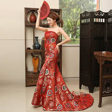 Cetim vermelho Da Sereia Vestidos de Noite Strapless Arrastando Sexy Casamento China Cheongsam Vestido Tradicional Chinês Robe Rouge 2024 - compre barato