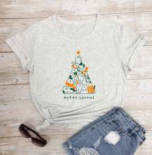 Футболка с надписью MERRY CATMAS, Женская Модная хлопковая повседневная одежда для вечеринки, Молодежный хипстер, праздничный подарок, рождественские винтажные футболки, топ с графическим рисунком tumblr girl 2024 - купить недорого