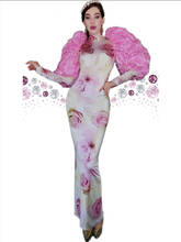 Rosa rosa puff mangas branco vestido longo mulher discoteca cantor dancer traje aniversário outfits bar gogos roupas de palco vdb3161 2024 - compre barato
