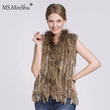 MS.Minshu Knitted Rabbit Fur Vest with Raccoon fur trim Natural Fur Waistcoat Sleeveless with Tassle Autumn Vest O neck 2024 - buy cheap