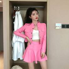 2022 Spring Autumn New Women's Pink 2 Piece Set Faux PU Leather Jacket Solid Slim Motorcycle Coat + Streetwear Mini Skirt Y233 2024 - buy cheap