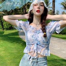 Summer Chiffon Blouse Women Fashion Pleated Square Collar Short Sweet Korean Style Solid Color Shirt Tops 2024 - buy cheap