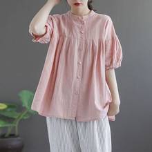 Women Cotton Linen Casual Shirts New 2021 Summer Arts Style Vintage Stand Collar Solid Color Loose Female Tops S3665 2024 - buy cheap