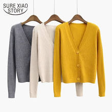 Solid Knitted Sweater 2022 Autumn V-neck Women Sweater Long Sleeve Korean Cardigan Short Loose Coat Office Lady Clothing 10645 2024 - buy cheap