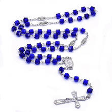 Cadena de cuentas de cristal cuadradas azules, collar de Rosario gótico, Santa Virgen María, colgante de Cruz de crisol, joyería religiosa de oración 2024 - compra barato