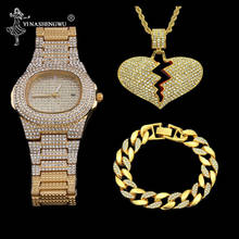 Ouro de luxo masculino relógio & colar conjunto de combinação homem hip hop ouro prata colar cubana corrente para homem iced para fora relógio hip hop jóias 2024 - compre barato