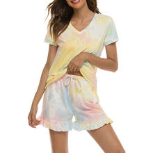 Summer Tie-Dye Printed Women Pajama 2 Piece Sets Short Sleeve V-Neck T-shirts And Elastic Waist Ruffle Shorts Ladies House Wear 2024 - buy cheap