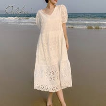 Ordifree 2022 Summer Women Embroidery Long Dress Short Sleeve Loose White Lace Sexy Vocation Maxi Tunic Beach Dress 2024 - buy cheap