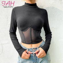 IAMHOTTY Transparent Black Sexy Fishnet Top Half Turtleneck See Through Mesh Shirt Hold Chest Ribbed Fashion Woman Tshirt Tops 2024 - buy cheap