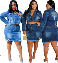 Plus Size Womn Solid Beading Denim Two Piece Sets 2020 Autumn Winter Lady Mini Skirts Turn-down Collar Single-breasted Coats Set 2024 - buy cheap