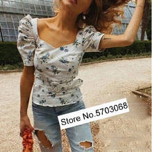 Elfstyle Ladies Cotton Blend Floral Printed Short Sleeve Top With Waist Ties 2024 - buy cheap