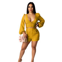 STYLISH LADY Cotton Pleated 2 Piece Set 2020 Summer Women Long Puff Sleeve V Neck Crop Top and Shorts Set Elegant Club Outfits 2024 - buy cheap