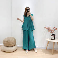 Plus Size Pant Suits 2019 Women's Big Stretch Miyake Pleated V-Neck Loose Irregular Tank Top + Wide Leg Pants For Women 45-80kg 2024 - buy cheap