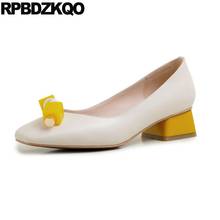 Zapatos de tacón bajo para mujer, calzado grueso 2021 de piel auténtica con punta cuadrada, sin cordones, informales, de diseñador, color Beige, talla 4 y 34 2024 - compra barato